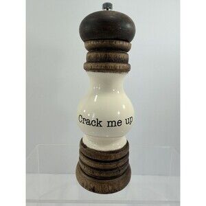 MUD PIE Pepper Mill 8” Mango Wood White Enamel ‘Crack Me Up’ Manual Grinder EUC